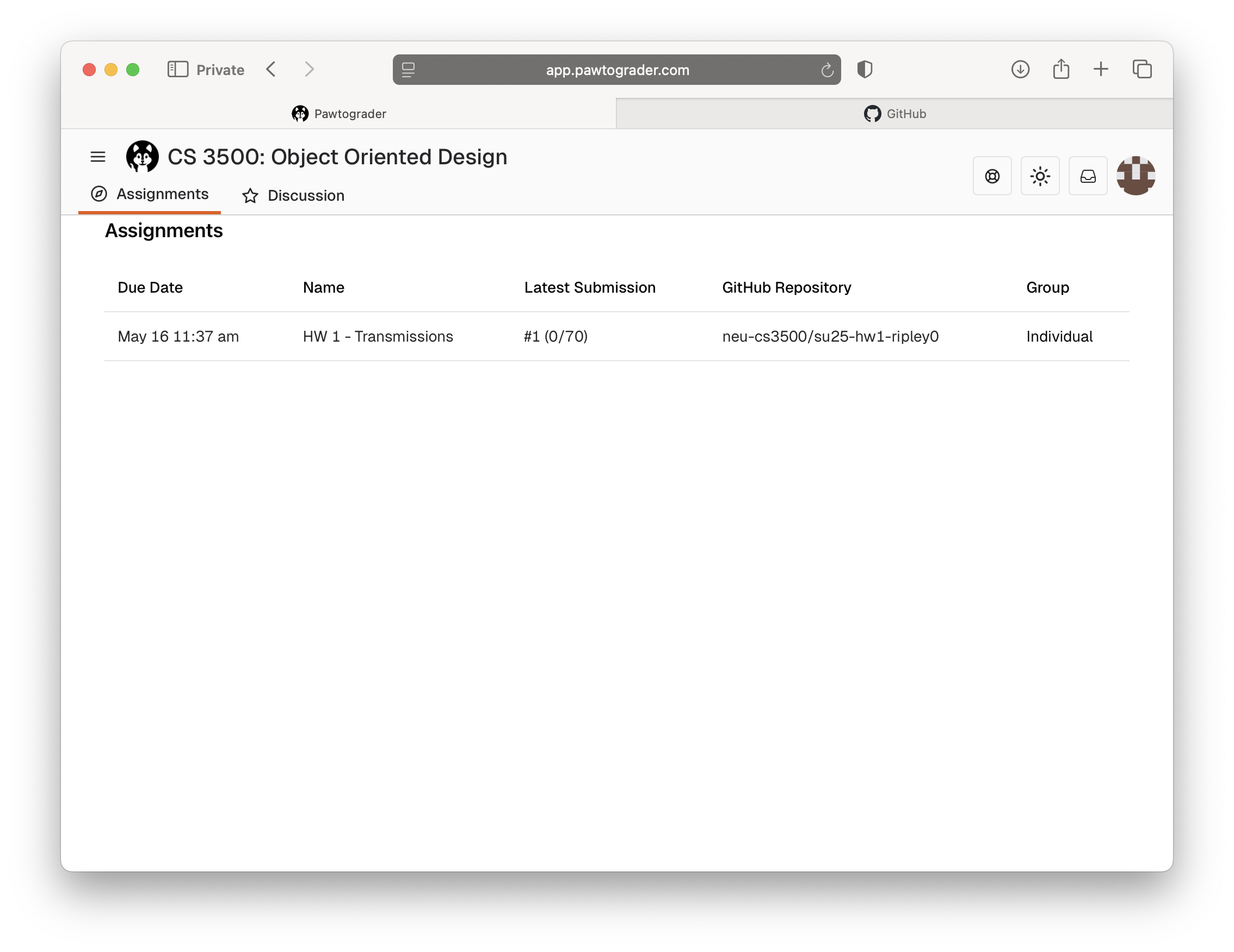 Assignment list with repo link