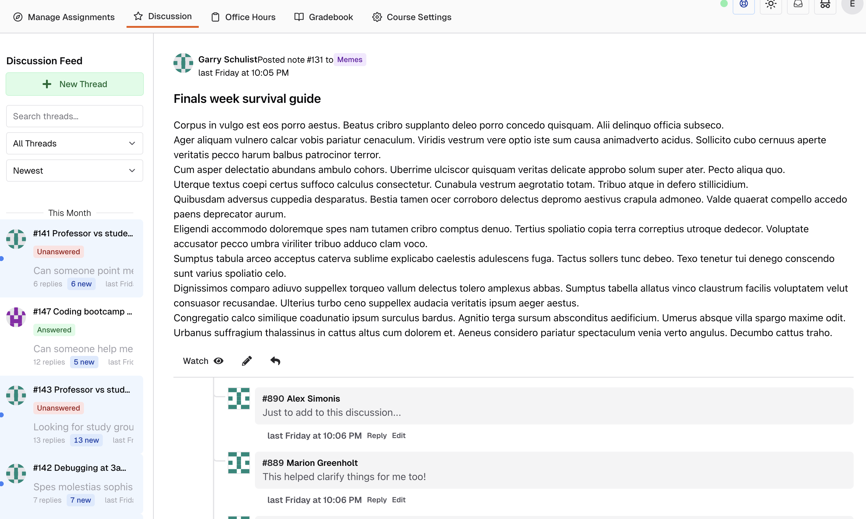 Discussion board showing a post with replies