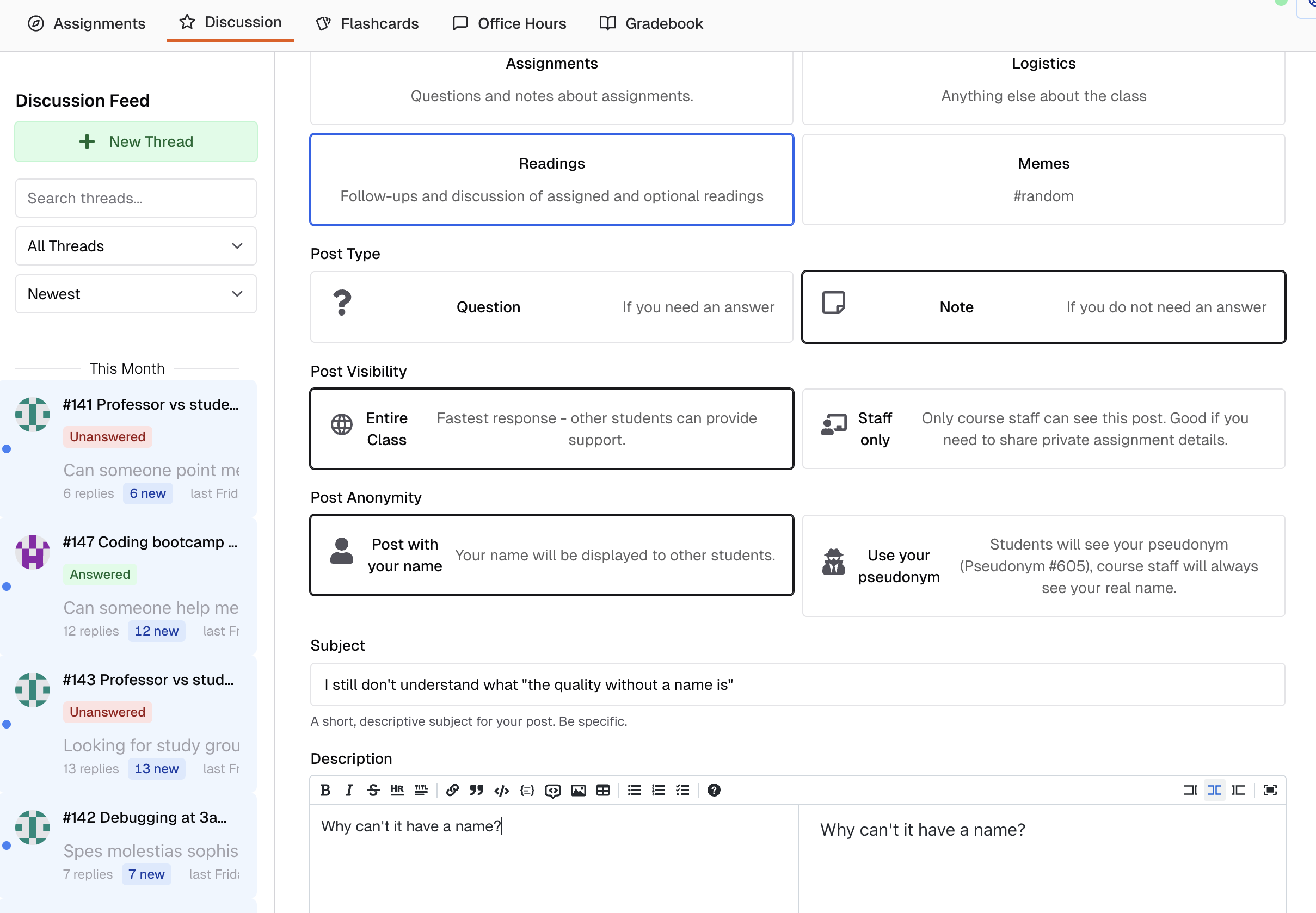 Screenshot of the discussion board, showing the new post form