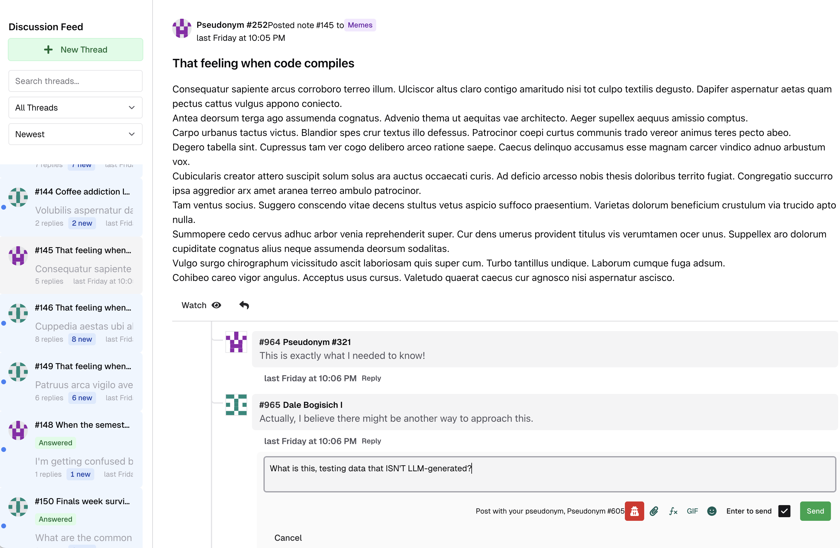 Screenshot of the discussion board, showing a post with replies