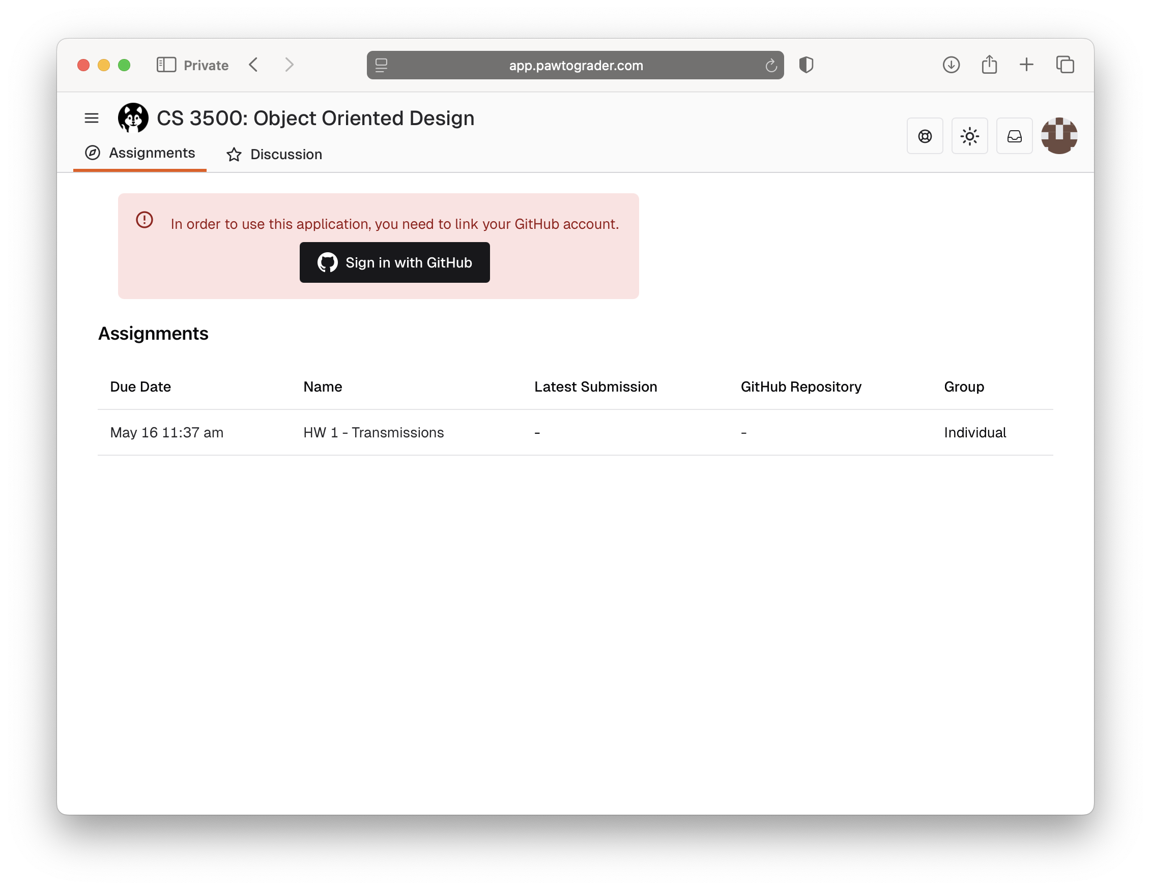 Assignments page with GitHub sign in button