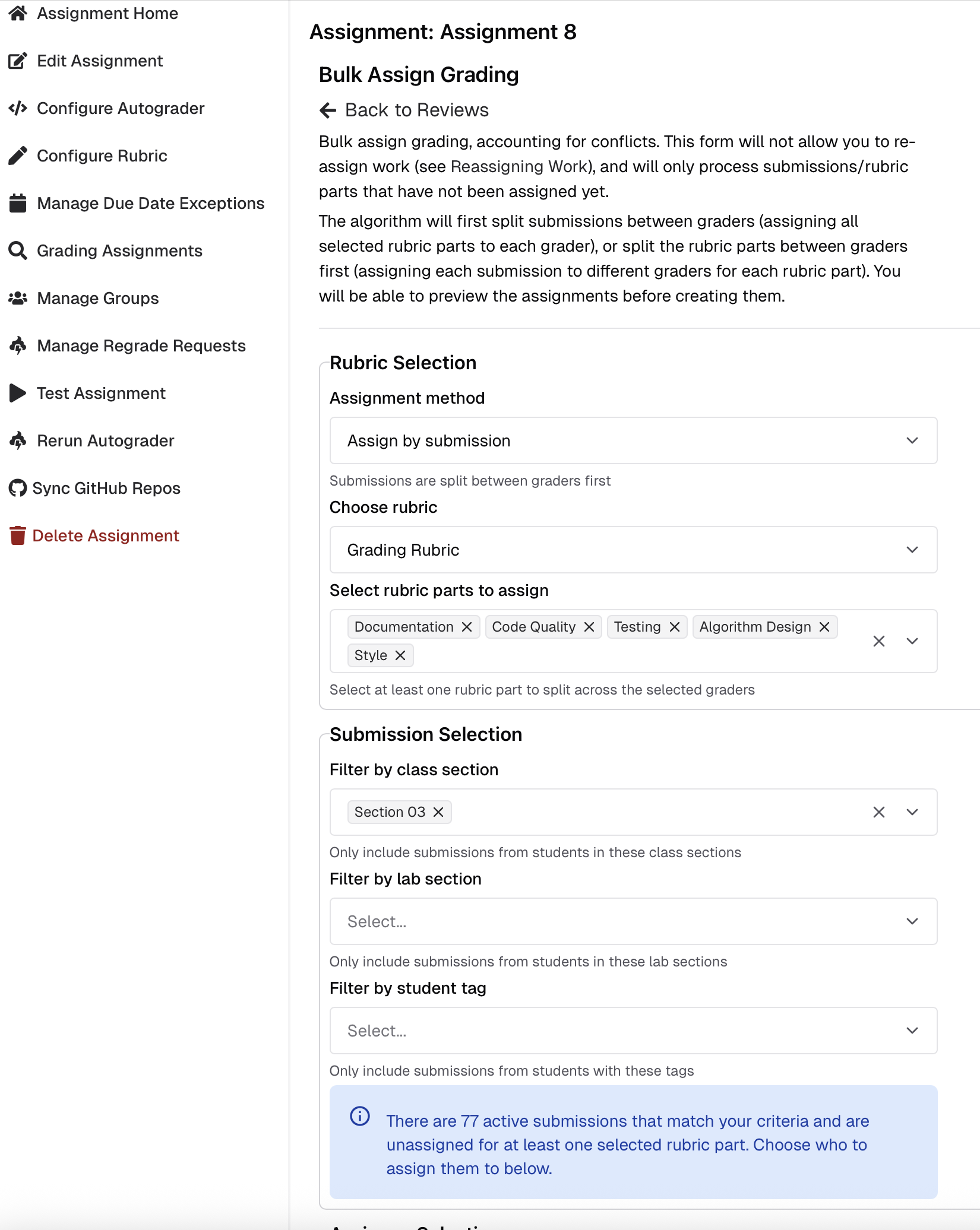 Screenshot of Bulk Assign Grading form