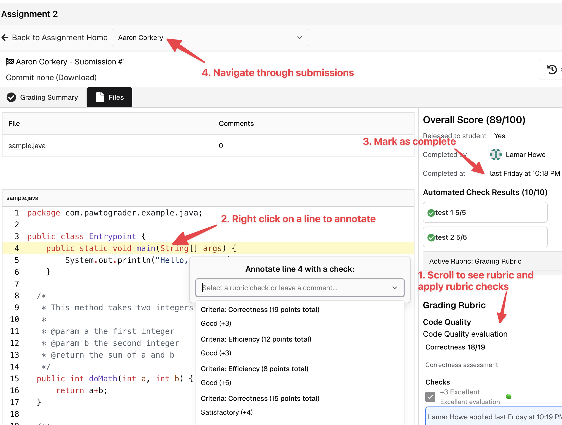 Screenshot of the Handgrading page, showing a list of all submissions