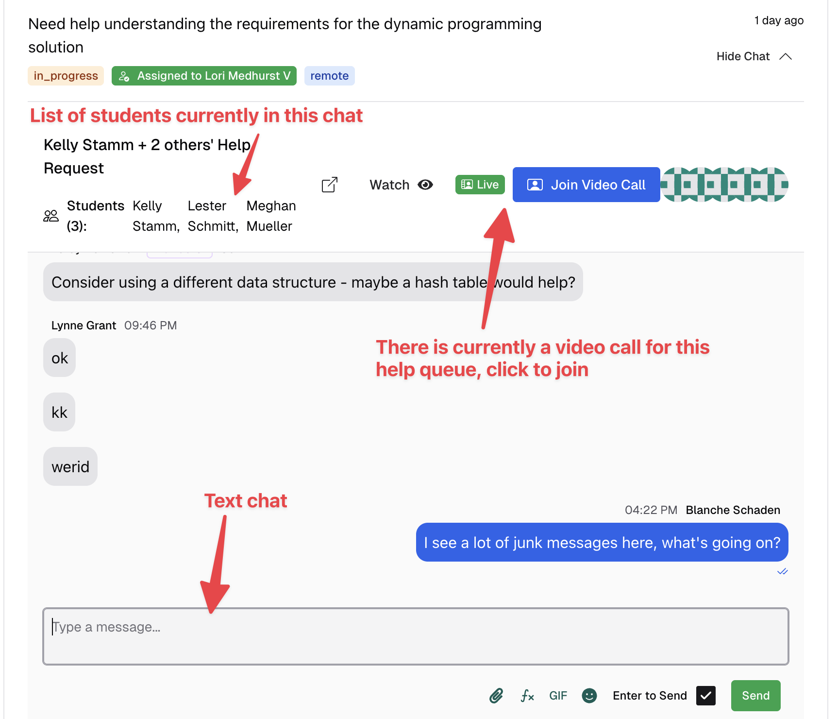 Screenshot of a help request chat