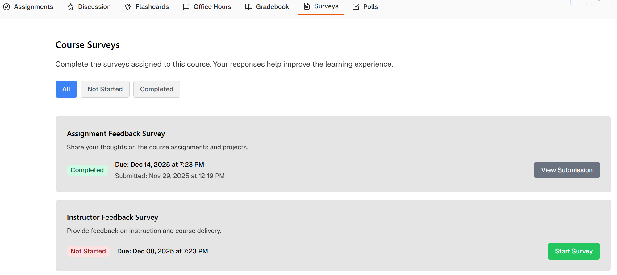 Screenshot of the surveys page showing available surveys