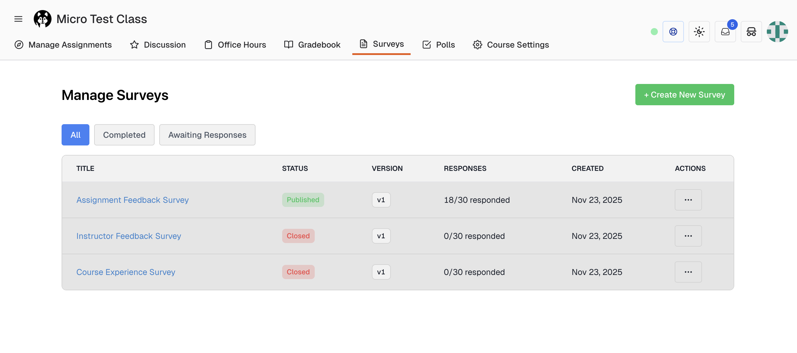 Survey Dashboard, Instructor View