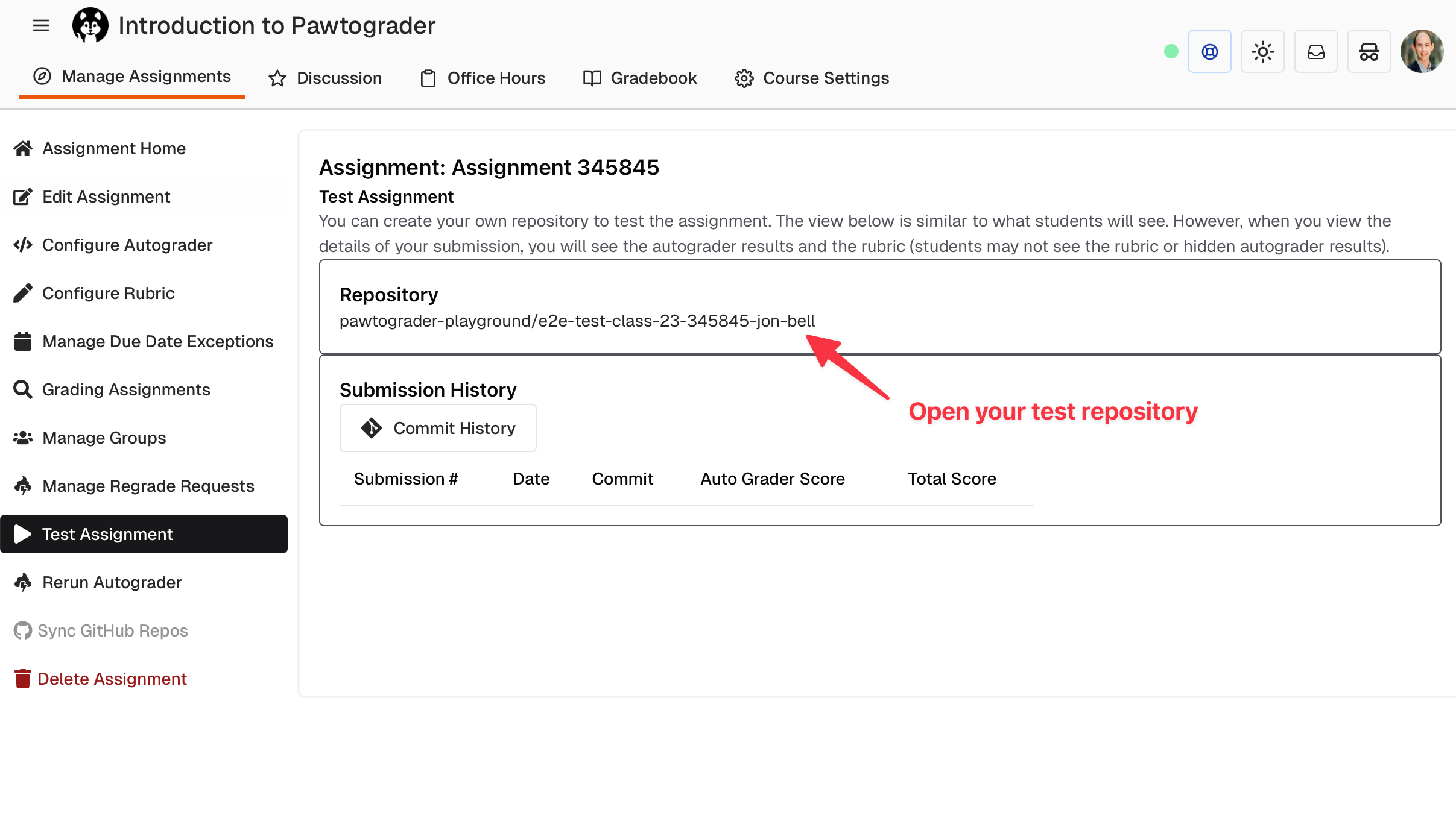 Screenshot of link to view the test repository